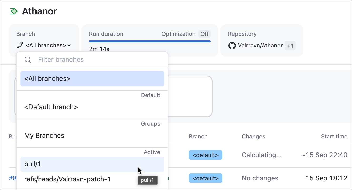 Pull request branch in branch selector