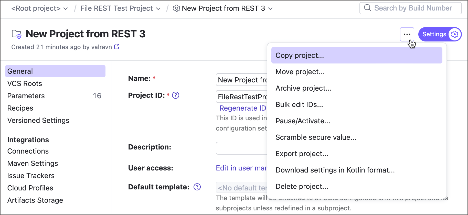 Project Actions menu Project Actions menu