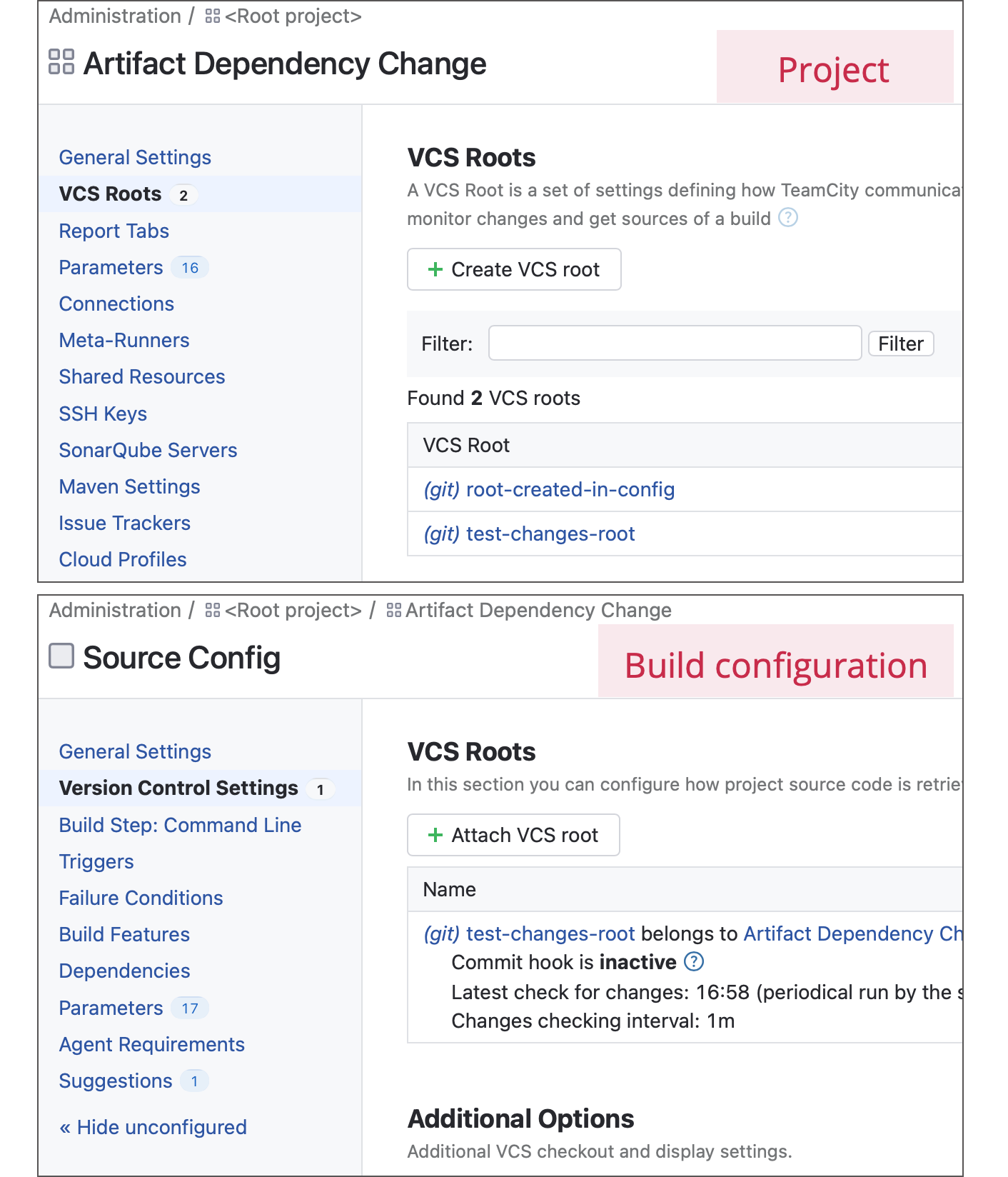 Root settings in projects and configs