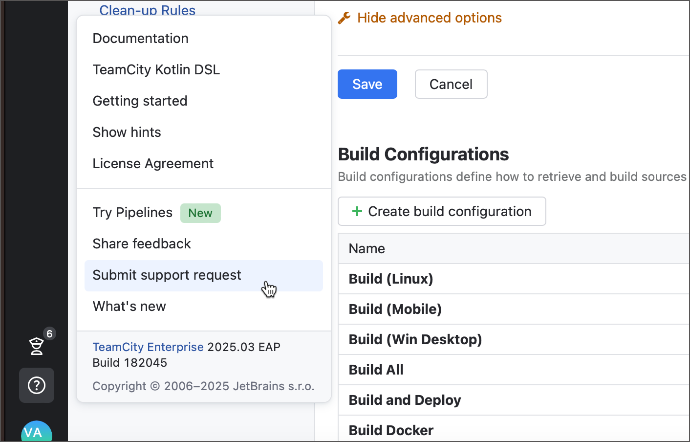 Submit support request button in TeamCity