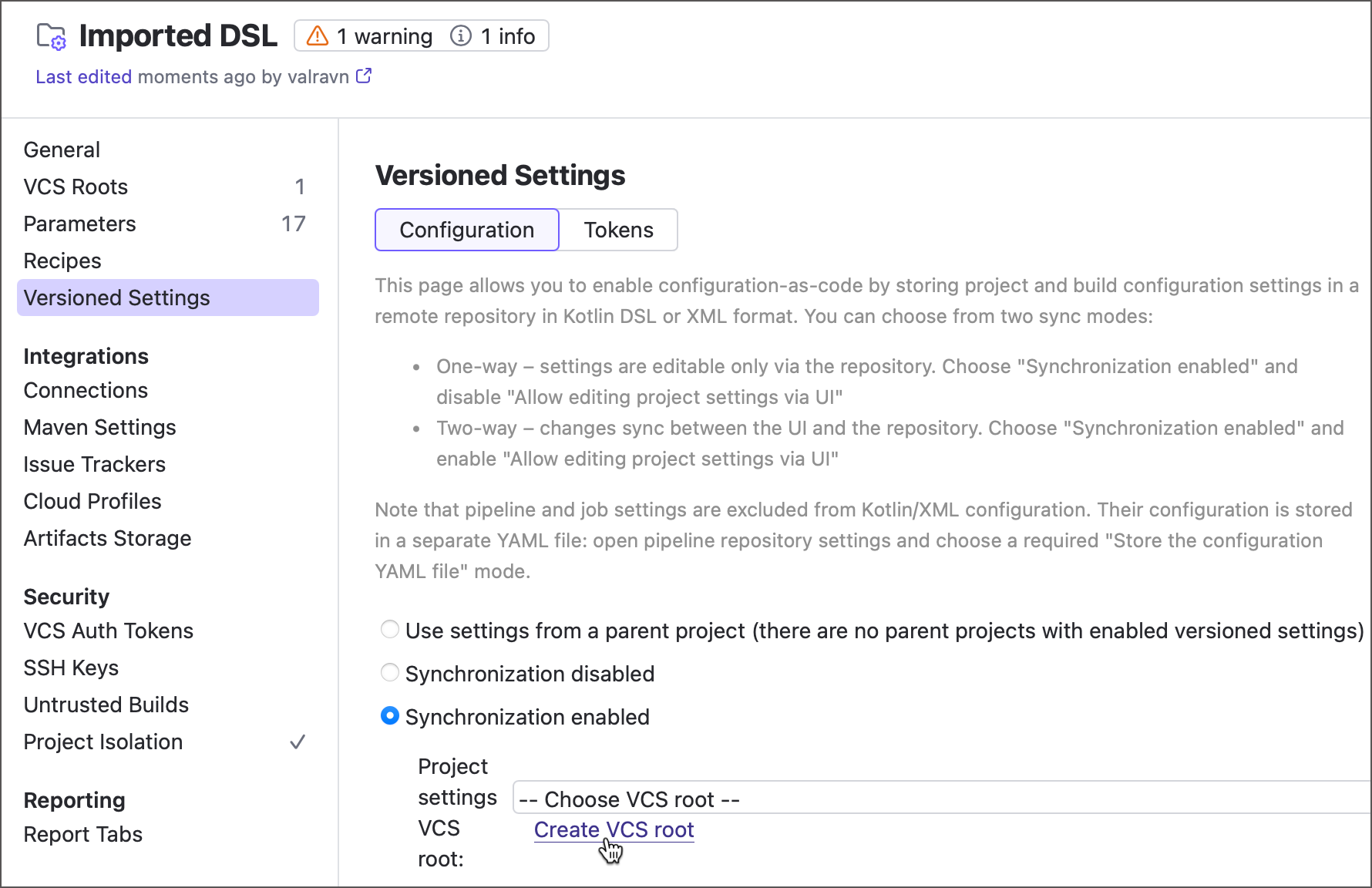 New settings VCS root New settings VCS root