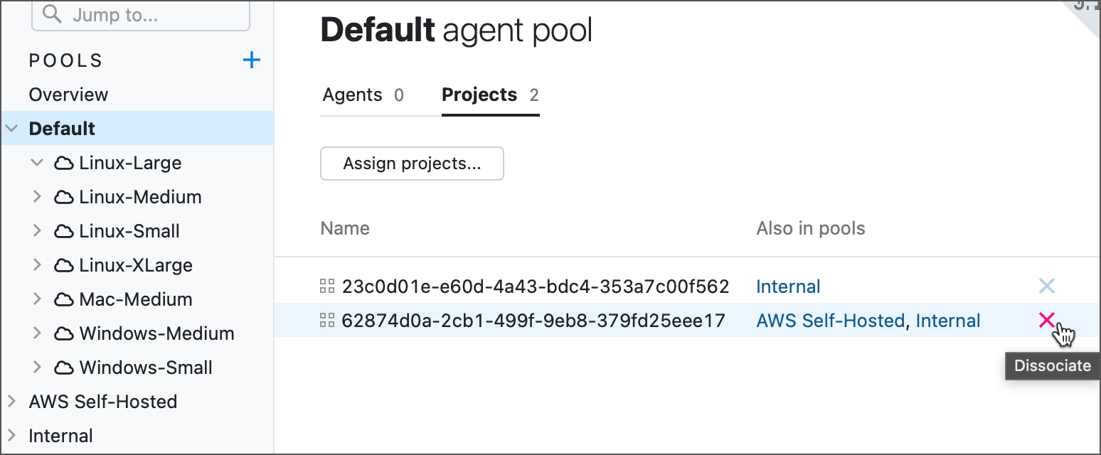 The Projects tab of the agent pool settings page The Projects tab of the agent pool settings page