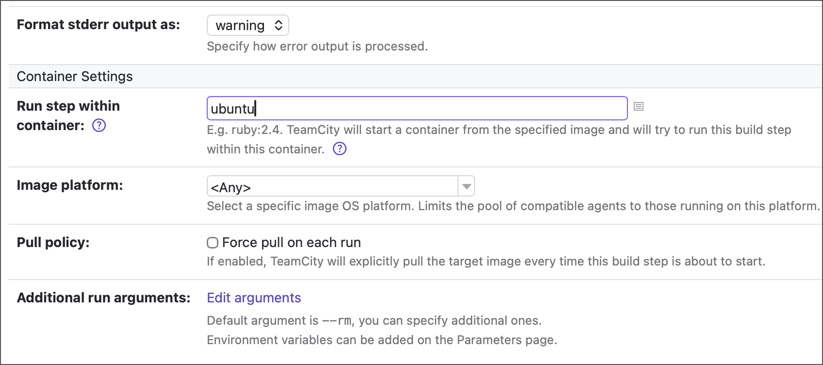 Container settings in steps