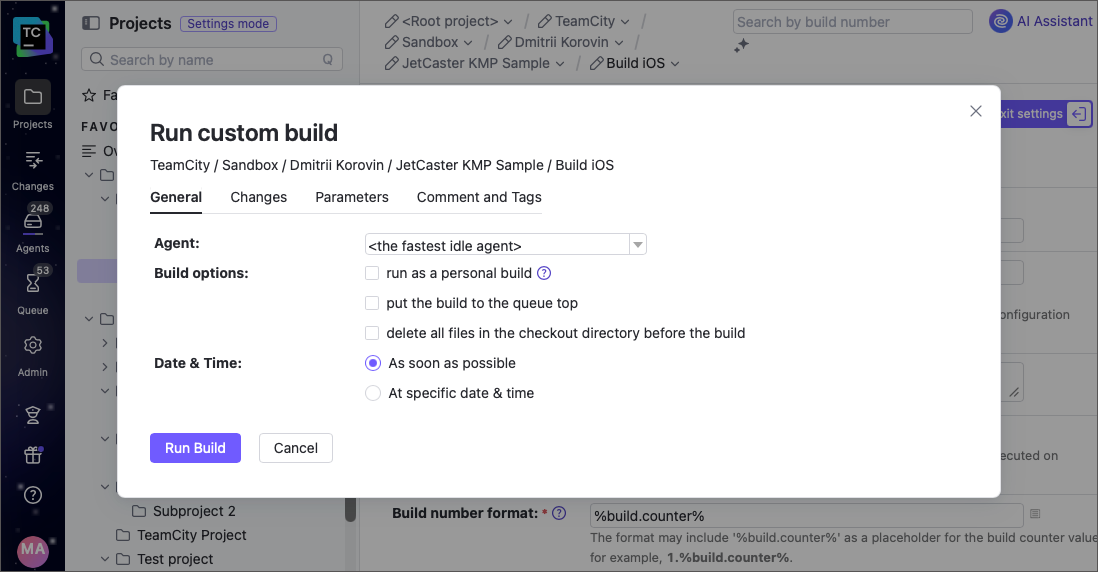 Run custom build dialog, General Settings tab Run custom build dialog, General Settings tab