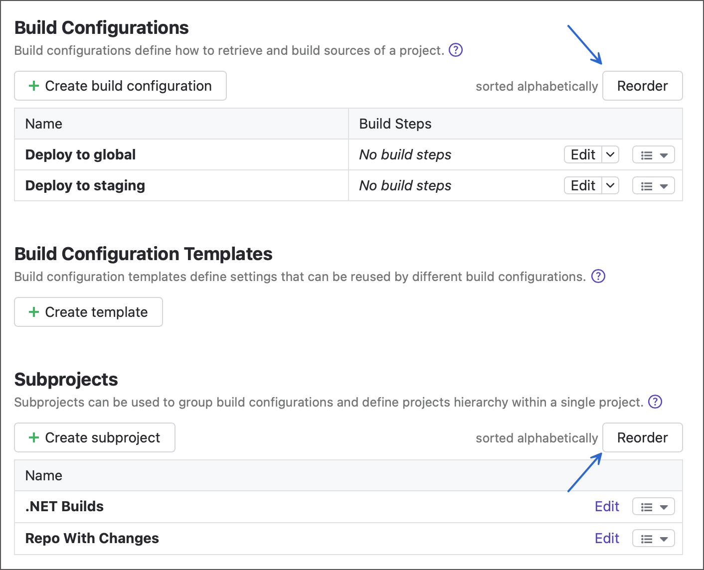 Reorder projects and configurations Reorder projects and configurations