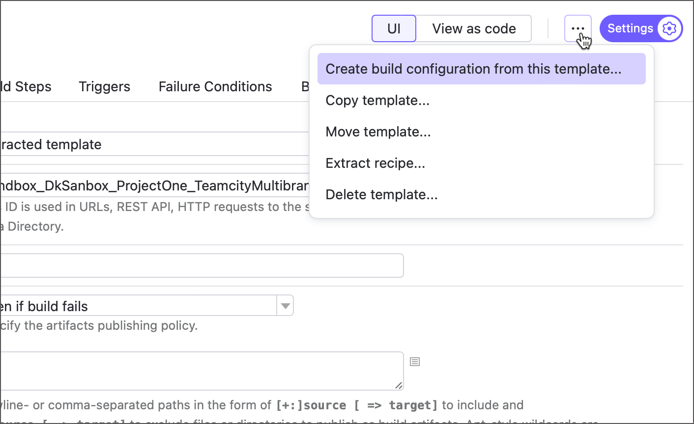 Template Actions menu Template Actions menu