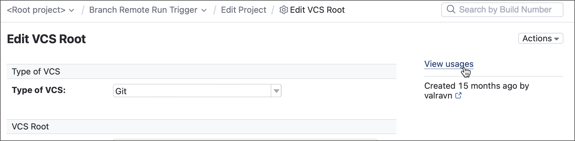 Usages report for a VCS root Usages report for a VCS root