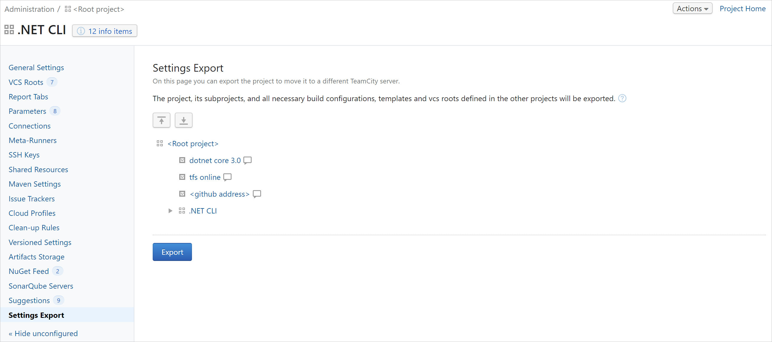 Project export settings Project export settings