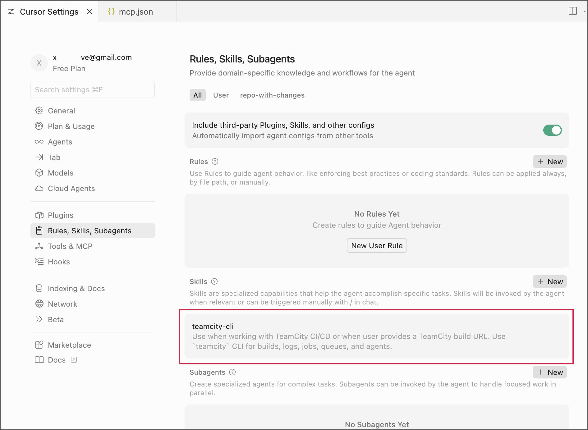 TeamCity CLI skill in Cursor settings