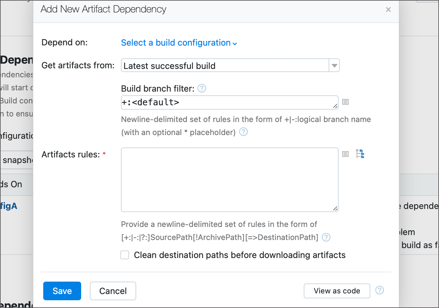 Artifact dependency dialog Artifact dependency dialog