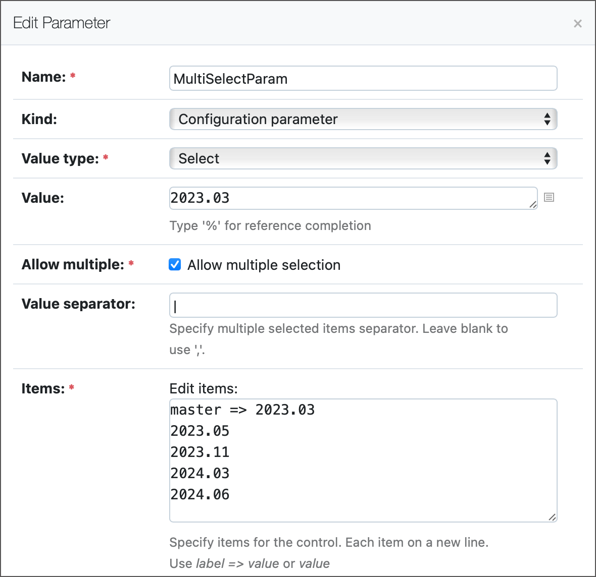 Multiselect parameter UI settings Multiselect parameter UI settings