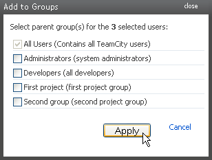 Add selected users to groups dialog