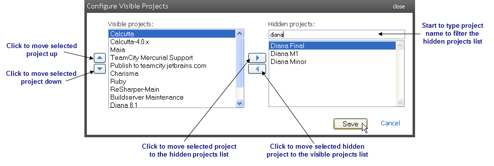 Configure visible projects dialog