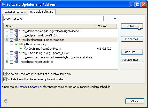 Eclipse software update dialog