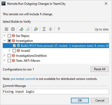 Remote Run Outgoing Changes dialog