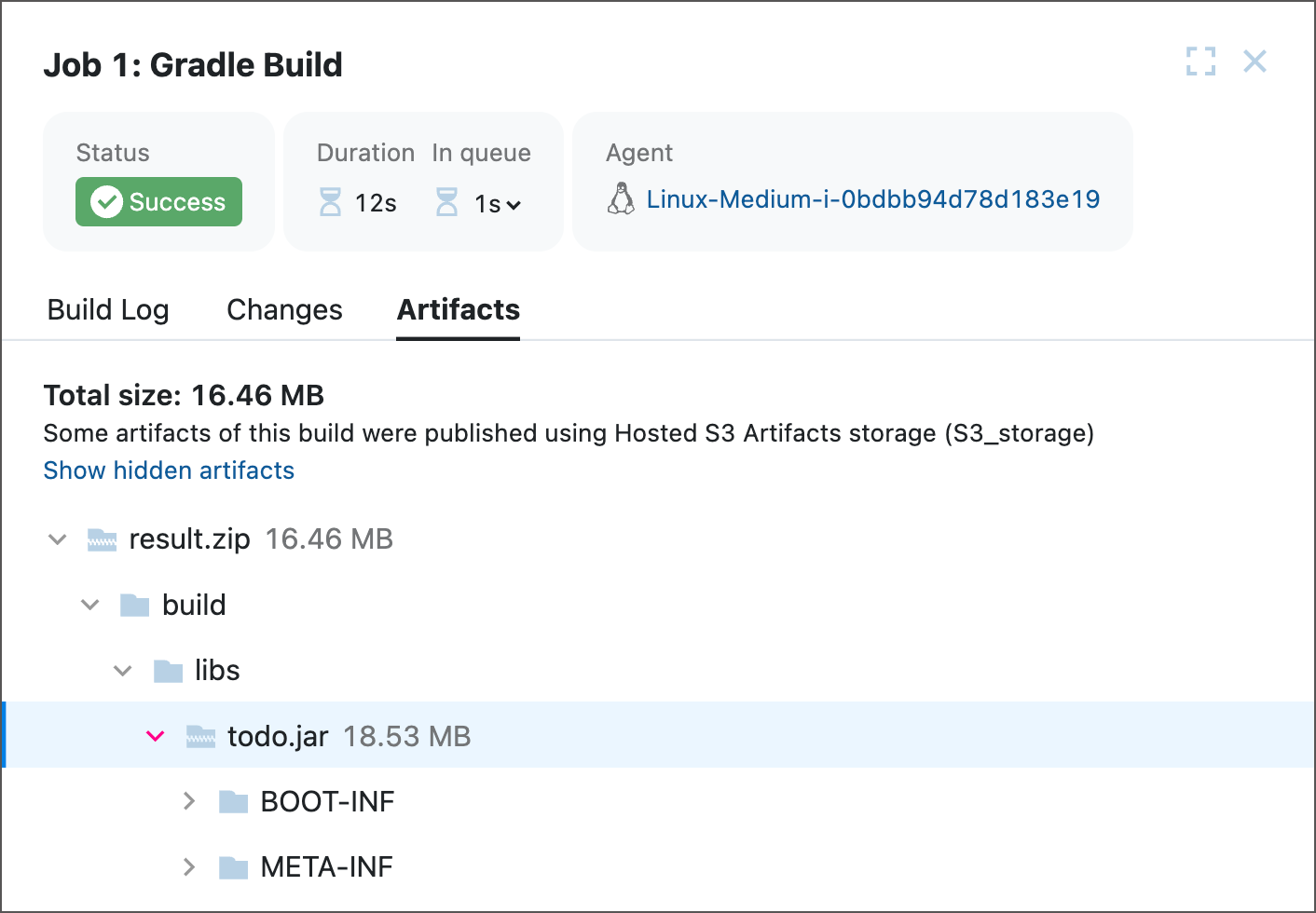 Published artifacts in build result
