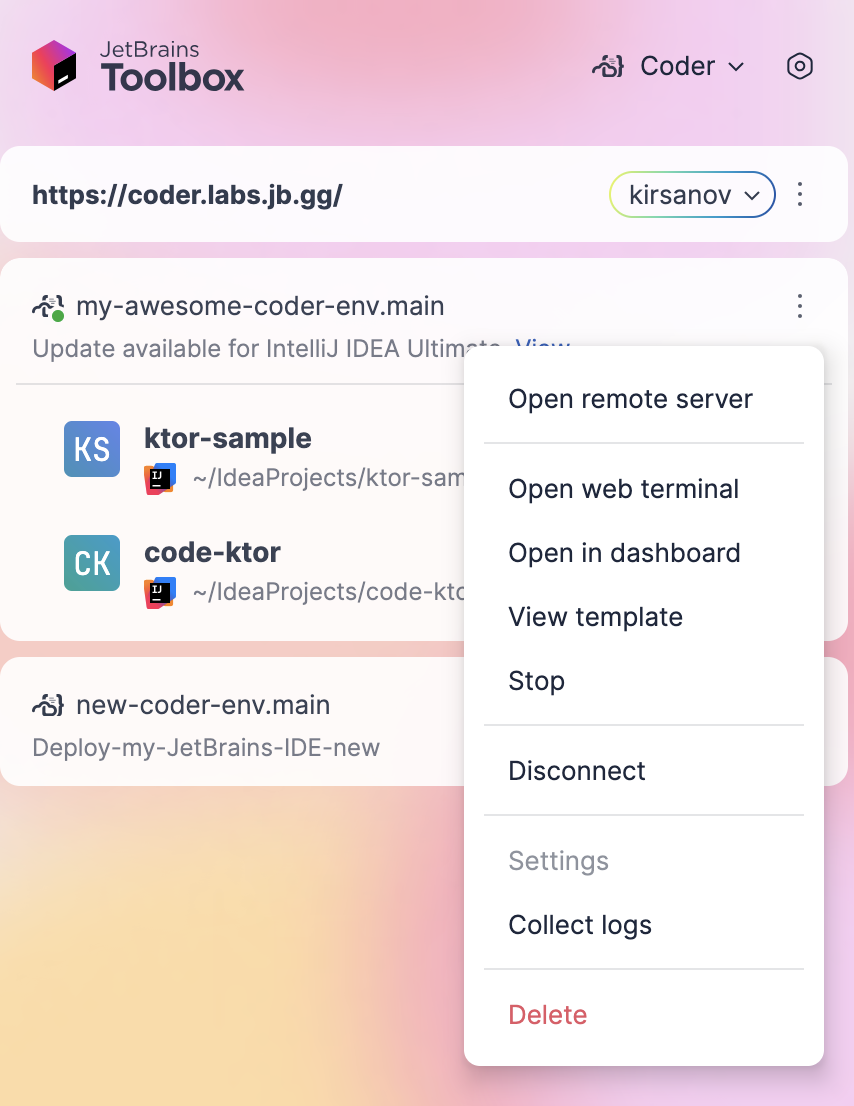 Manage environment: context menu