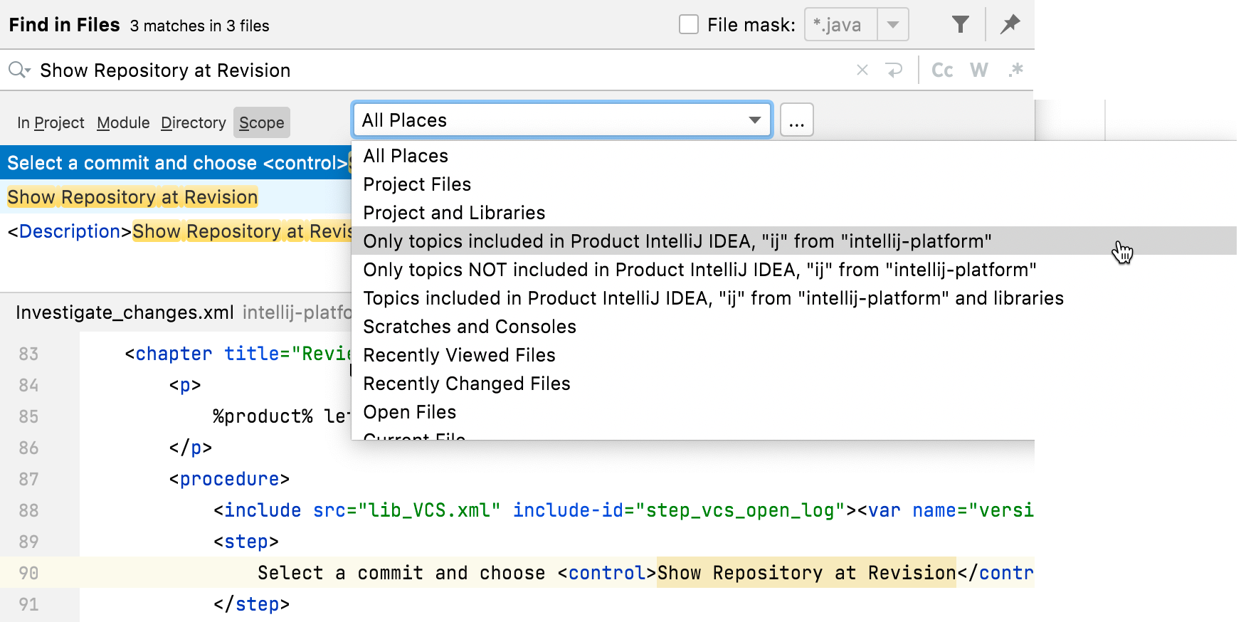 Find in files with scopes