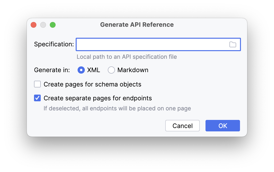 Generate API Reference dialog