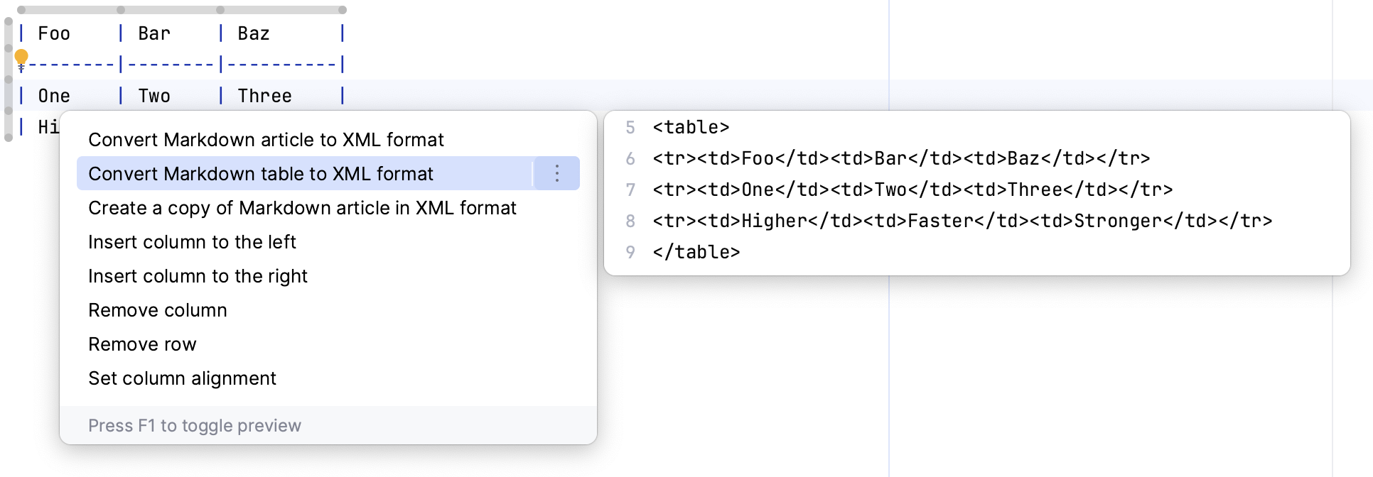 Convert Markdown table to XML