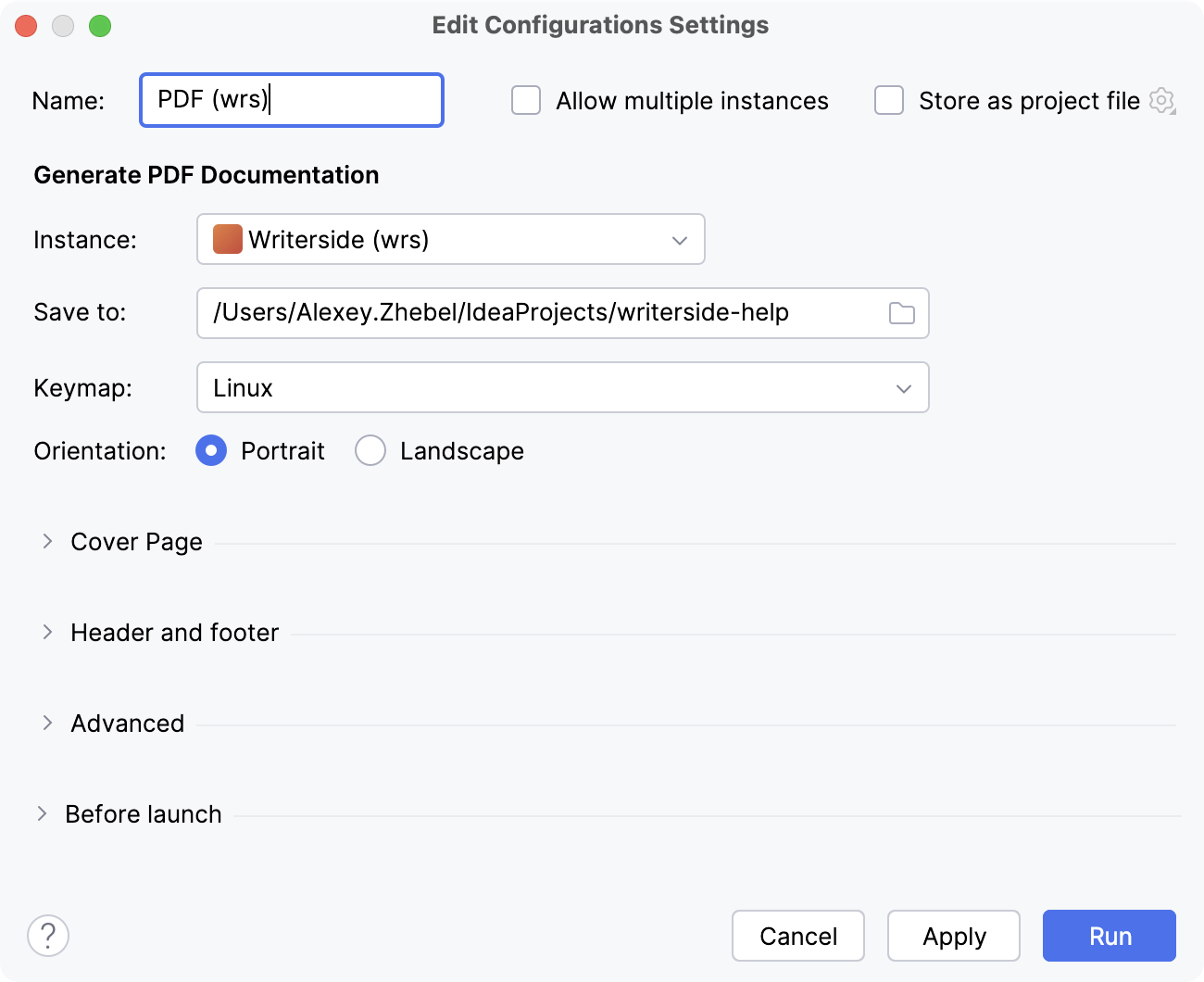 Run configuration for generating PDF from instance