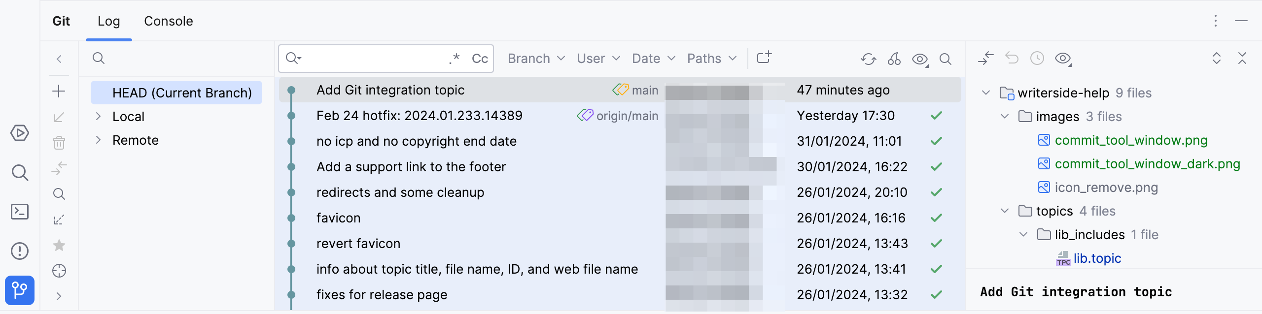 Git tool window: Log tab