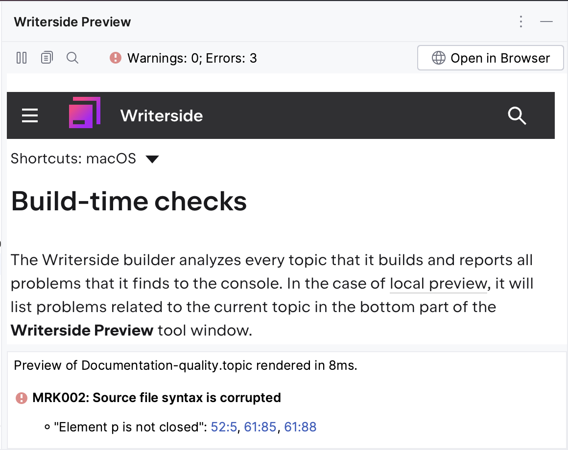 Writerside Preview with errors