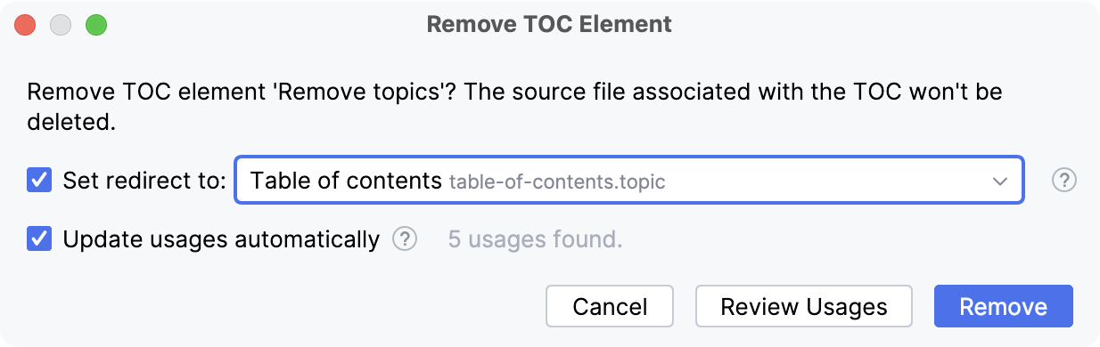 Remove TOC element dialog