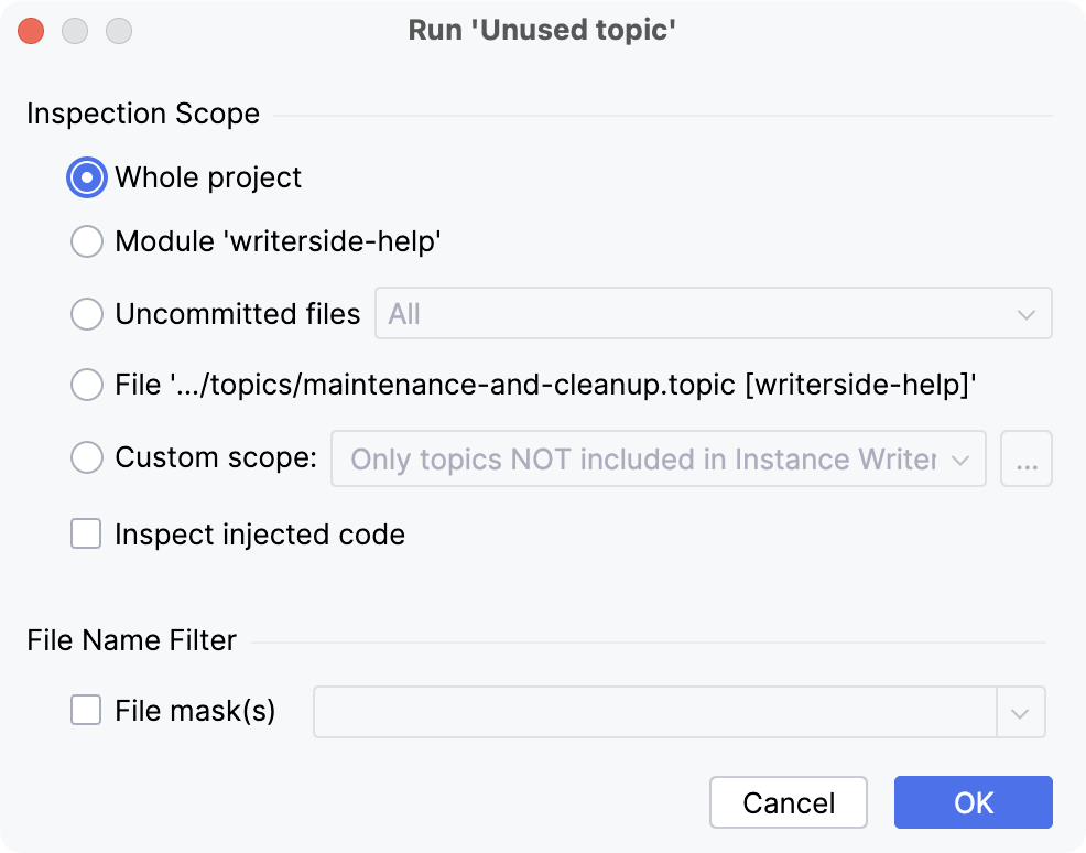 Run Unused topic inspection