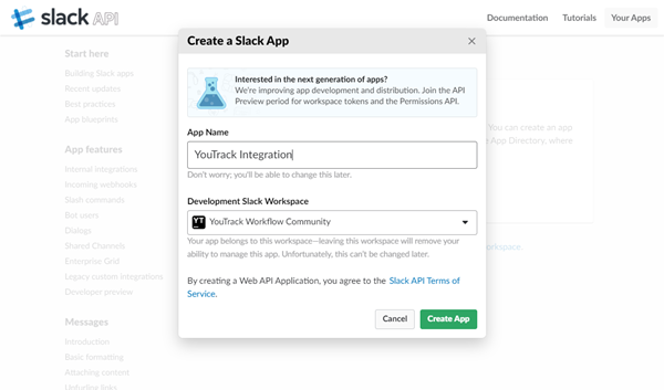 create slack app dialog