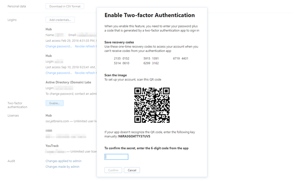 Enable two factor authentication dialog