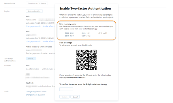 Two factor authentication recovery codes