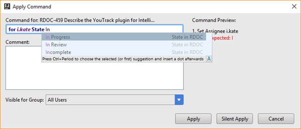 Youtrack integration command window