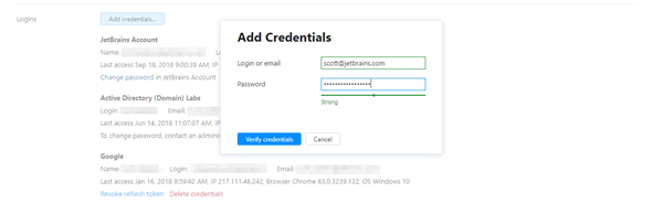 Add credentials dialog Add credentials dialog