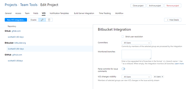 Bitbucket integration settings