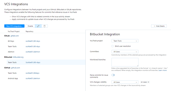 Bitbucket integration settings