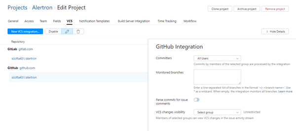 GitHub integration settings