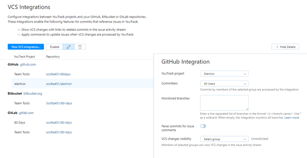 GitHub integration settings