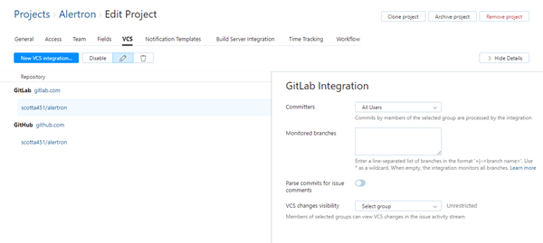 GitLab integration settings