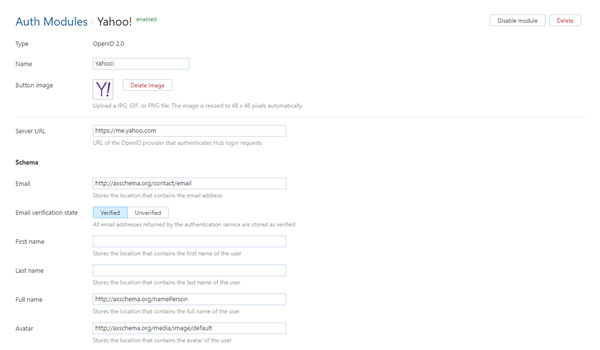 Yahoo! auth module settings