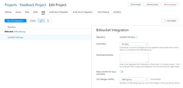 Bitbucket integration settings