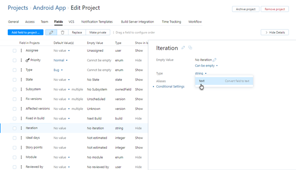 change field type in project