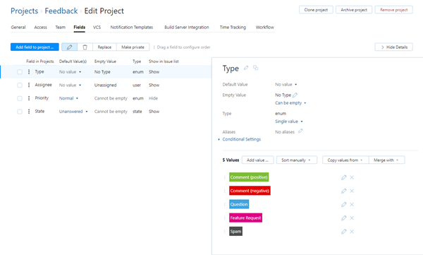 feedback project type field