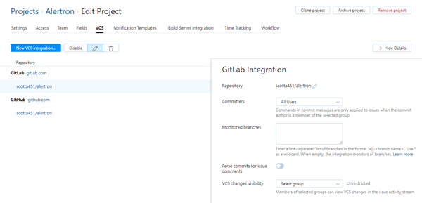 GitLab integration settings