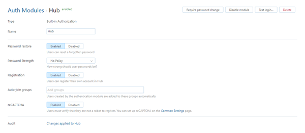 Hub auth module settings