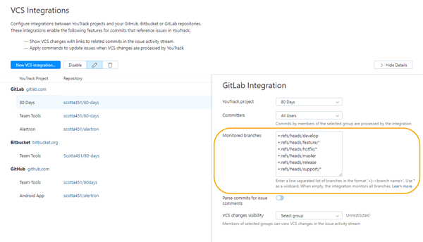 Monitored branches in VCS integration settings