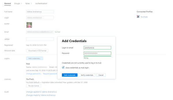 Save credentials as hub login