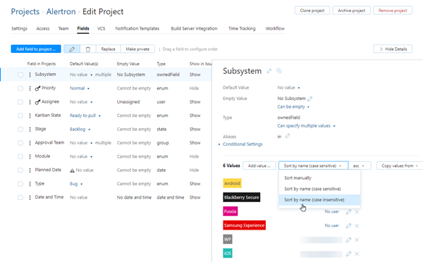 Sort values by name in project