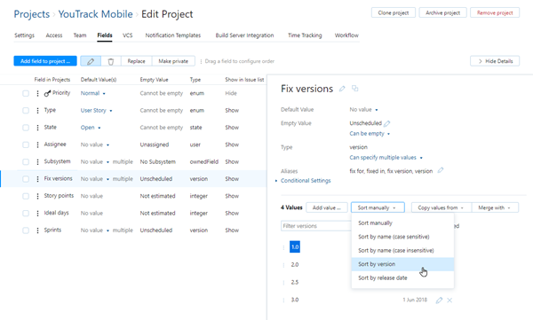 Sort values by version in project