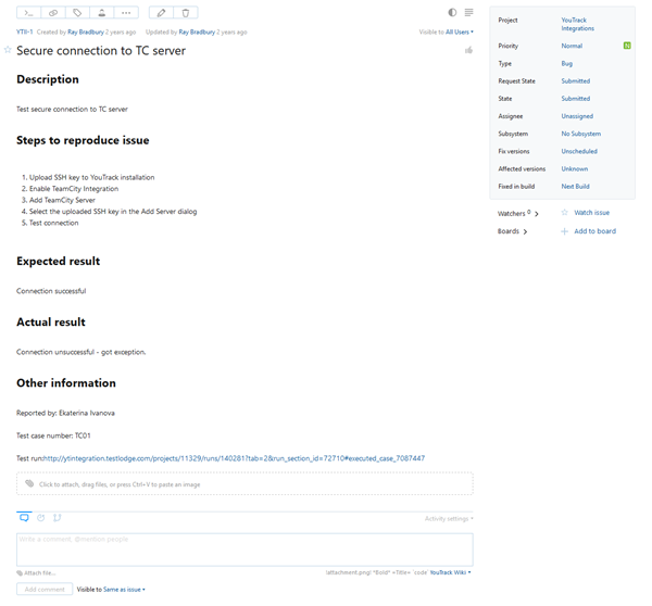 TestLodge case in YouTrack issue